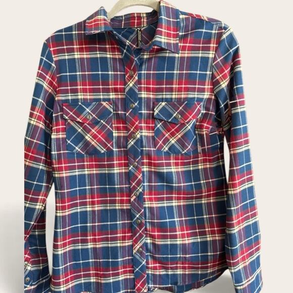 KULE Tops - KUHL Women's Plaid Button-Down Flannel Shirt Gorpcore Grunge Medium Red Blue